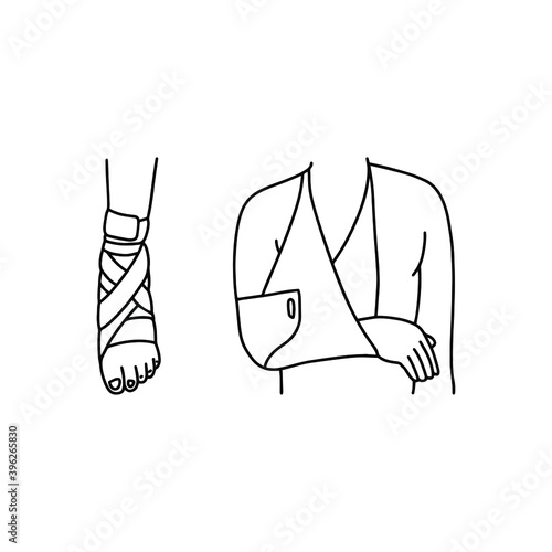 Arm fixation and leg bandage. Outline, vector traumatological illustrations.