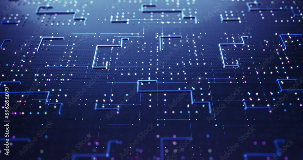 CPU Circuit Technology Background. Data Signals Flowing. Artificial Intelligence. Computer And Technology Related 3D Illustration Render CPU Circuit Technology Background. Data Signals Flowing. Artificial Intelligence. Computer And Technology Related 3D Illustration Render