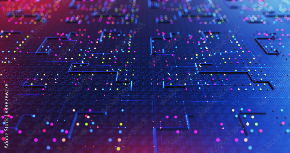 Obraz premium Artificial Intelligence Circuit Board. Transmitting High Speed Data. Artificial Intelligence. Computer And Technology Related 3D Illustration Render
