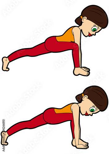 Yoga asana set lunge pose variations/ Illustration cartoon girl doing runners lunge poses