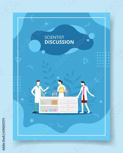 scientist discussion people standing behind desk laboratory for template of banners, flyer, books cover, magazines