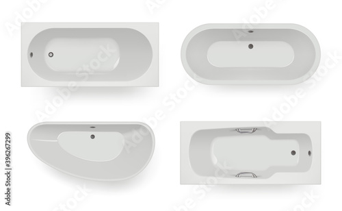 Bath top view. Spa room items for hygiene washing bath realistic templates. Bathtub and bathroom, spa interior and indoor tub. Vector illustration