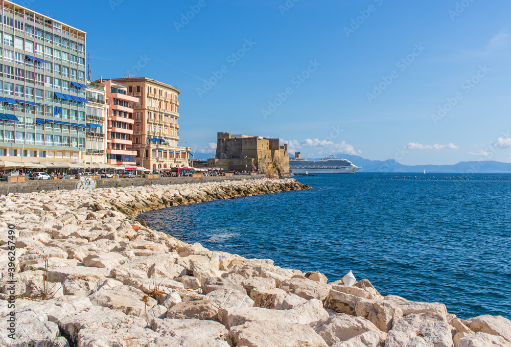 Fototapeta premium Naples, Italy - built during the 15th century, and a main landmark in Naples, Castel dell'Ovo (Egg Castle) is a seaside castle located in the Gulf of Naples