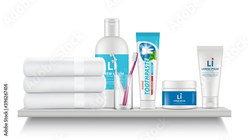 Bathroom shelf. Realistic white towel, cosmetic bottles toothpaste tube and tooth brushes in glass vector illustration. Toilet hygiene, bathtub interior with toothpaste tube