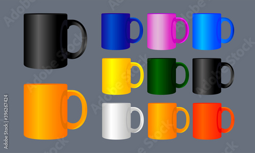 Template clean mug for design. Mix color black, orange, blue, pink, yellow, white, gray, green, red. Vector illustration.