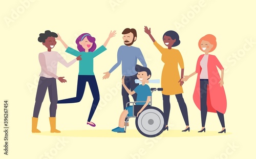 Disability day poster. Happy disabled man in wheelchair and friends. Equal opportunities and social adaptation for special needs people vector. Illustration disabled in wheelchair, handicapped man