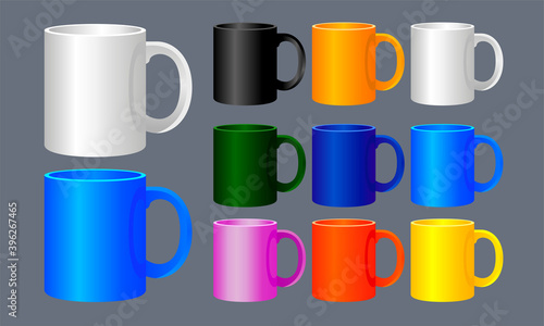 Template clean mug for design. Mix color black, orange, white, gray, green, red, blue, pink, yellow. Vector illustration.