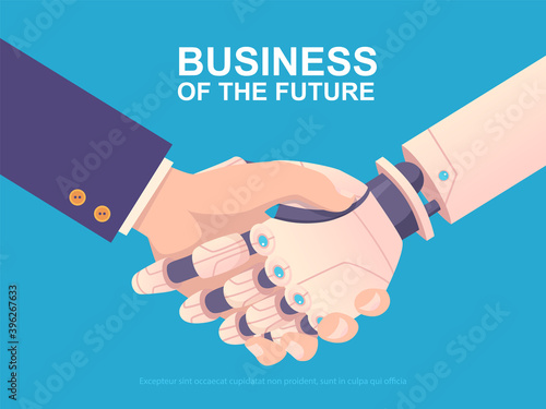 Robotic handshake. Partners robot machine and human vector business background. Illustration robot partnership, cooperation handshake human and robotic hand