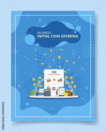business initial coin offering people standing around chart board calculator smartphone wallet money for template of banners, flyer, books cover, magazines