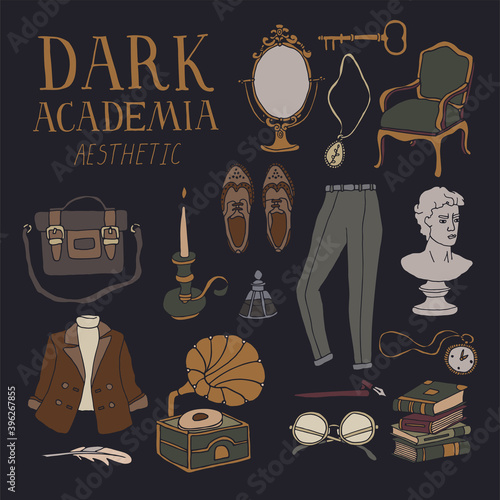 Dark Academia aesthetic set. Collection of vintage clothes, accessories and furniture. Stylish look or outfit. Antiques concept. Vector illustration in line art style with hand drawn lettering
