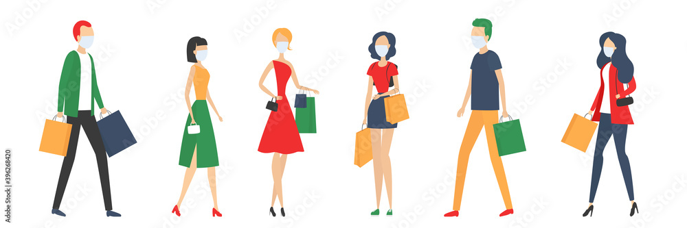 People in masks with shopping bags. Cartoon. Vector illustration.