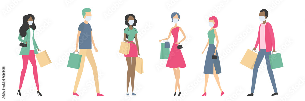 People in masks going with shopping bags. Vector illustration.