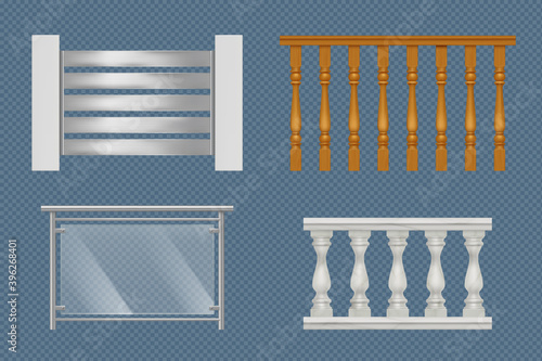 Balcony handrails. Building stairway constructions for terrace wooden glass or metal railing vector realistic templates. Illustration balcony handrail, railing banister design