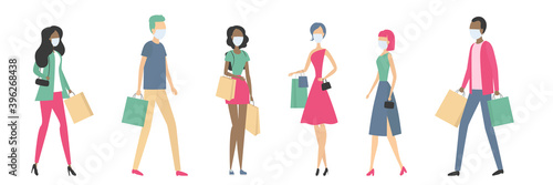 People in masks going with shopping bags. Vector illustration.