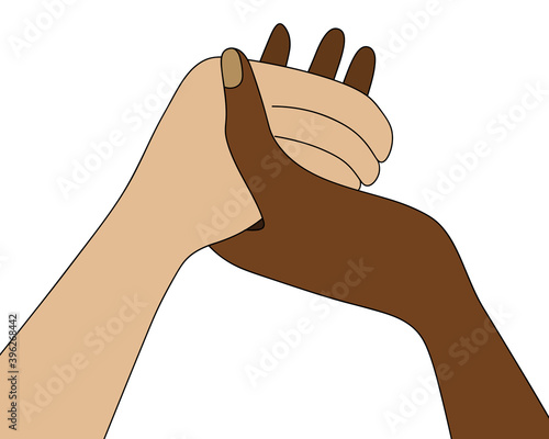People are holding hands. A multiracial family prays at the dinner table. Colored vector illustration. Isolated white background. Prayer before meals on Thanksgiving Day. Religious motives. 