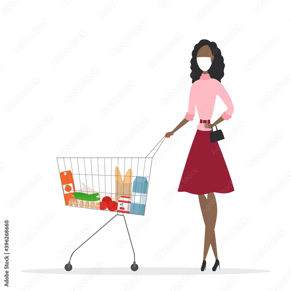 African woman in mask with grocery trolley. Vector illustration.