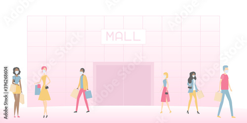 Mall and people in face masks. Shopping. Vector illustration.