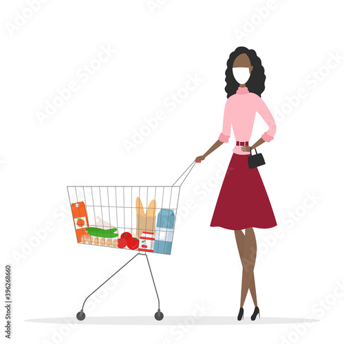 African woman in mask with grocery trolley. Vector illustration.