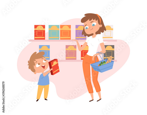 Shopping with child. Mother son in grocery store. Woman with shop basket, boy cornflakes box. Cartoon family in food market, cute customers vector illustration. Mother and son choosing food in grocery