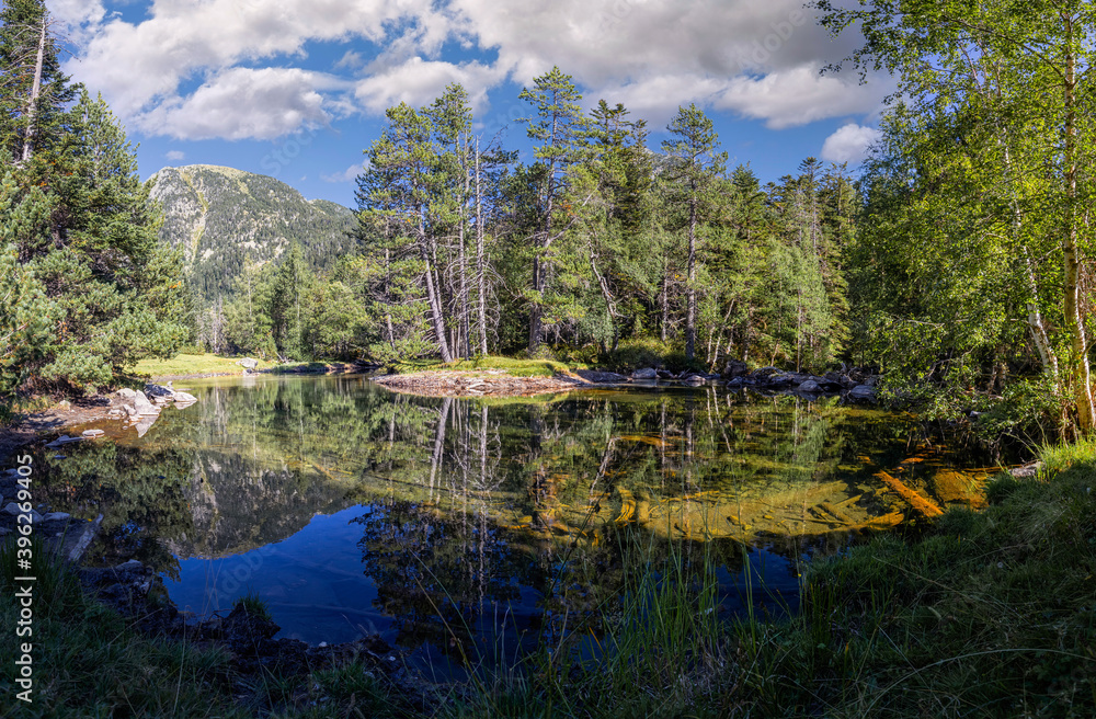 Fototapeta premium Scenic view of waterfall and lake in a Spanish Pyrenees Mountain in a sunny day. Transparent clear water.Aiguestortes i Estany of Saint Maurici National Park