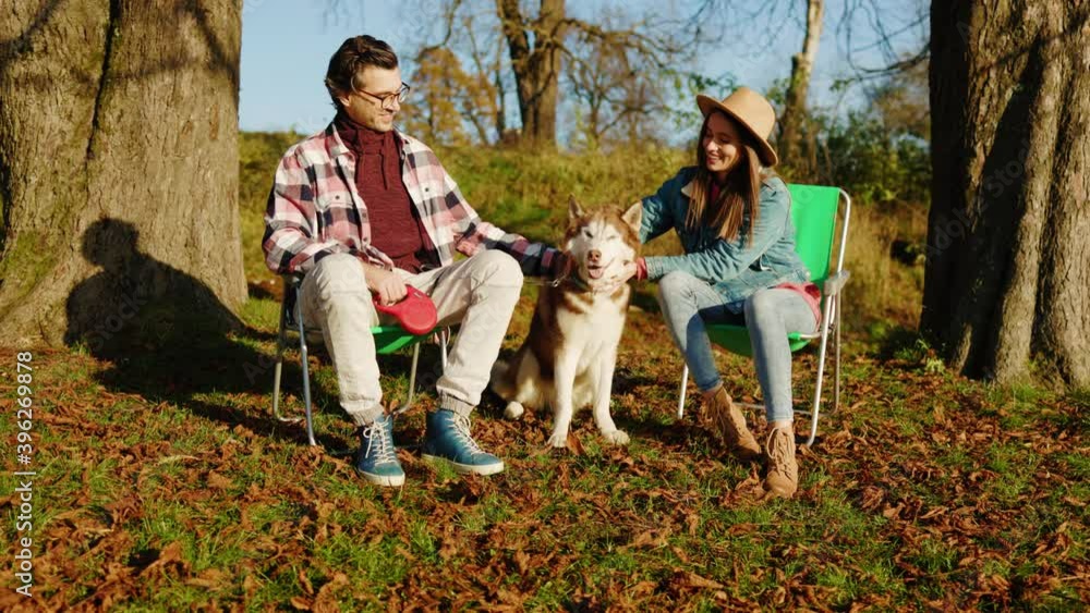 In forest romantic happy smiling lovely couple sitting with domestic pet dog. Animal relaxed portrait cheerful. At sunlight. Slow motion In forest romantic happy smiling lovely couple sitting with domestic pet dog. Animal relaxed portrait cheerful. At sunlight. Slow motion