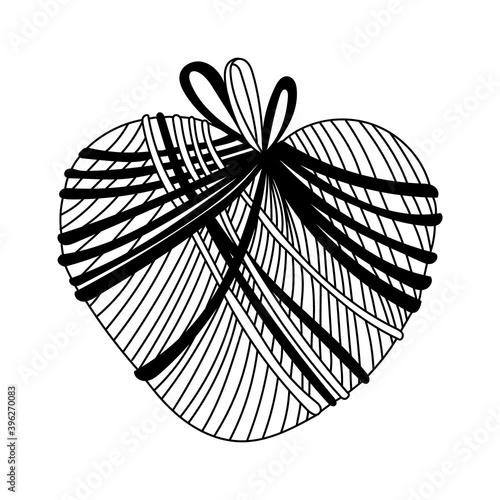 Heart wrapped in ribbons. Valentine s day decoration. Vector doodle  illustration for posters and greeting cards design isolated on white. Black outline.