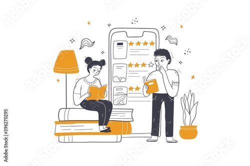 Online education, elearning, remote knowledge concept. Man woman teens students cartoon characters studying remotely at home reading book in digital ibrary with Smartphone. Mobile study illustration.