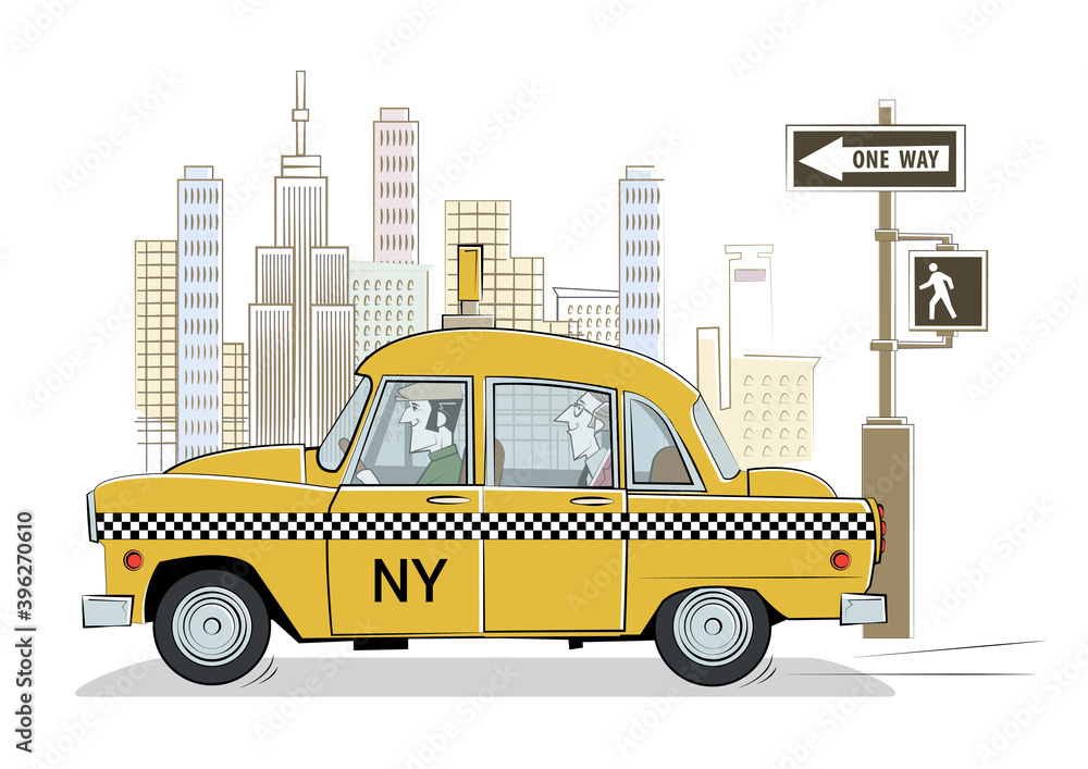 Cartoon yellow retro taxi in New York. Vector illustration Stock Vector Adobe Stock