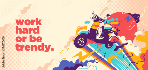Abstract lifestyle graffiti design with retro moped and slogan. Vector illustration.