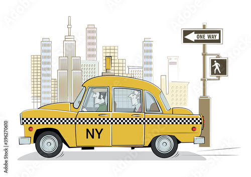 Cartoon yellow retro taxi in New York. Vector illustration