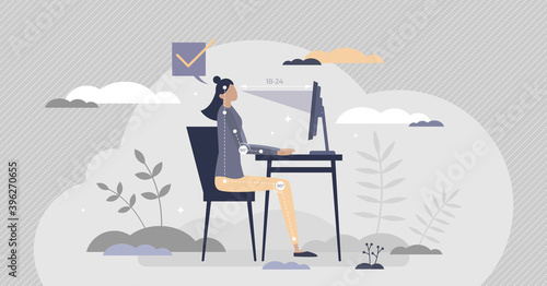 Office ergonomics for correct and healthy sitting posture tiny person concept