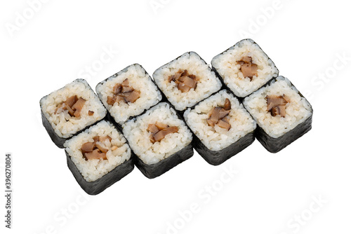 Japanese cuisine, maki rolls with mushrooms on white background isolated, close-up.