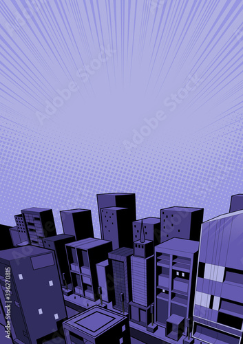 Cartoon city background, illustration of buildings and roads.