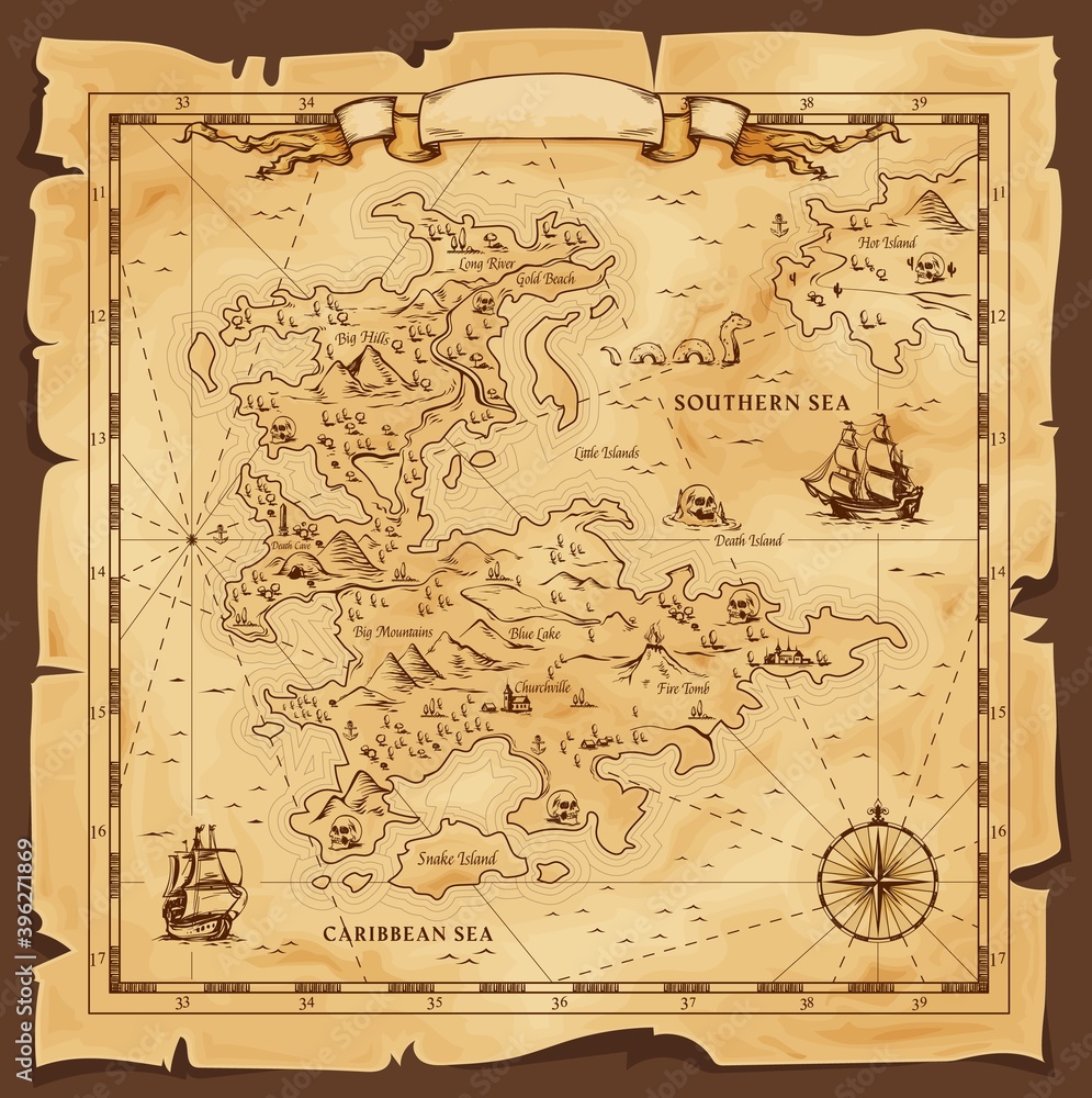 Old map, vector worn parchment with caribbean and southern sea, ships, islands and land, wind rose and cardinal points. Fantasy world, vintage grunge paper pirate map with travel locations and monster