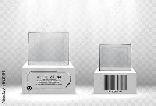 Realistic glass box or container on a white stand .Vector illustration.	
