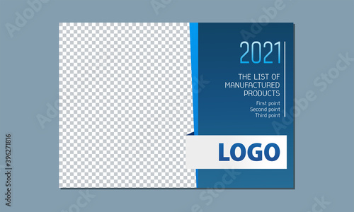 Template for design, vector illustration, for customer photo. Business calendar 2026, cover, price, catalog. Colors: blue, white, gray, black.