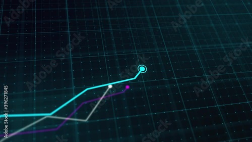 Growing line chart graph - business development competition concept animation. Hi tech style charts with grid. Camera movement with depth of field.