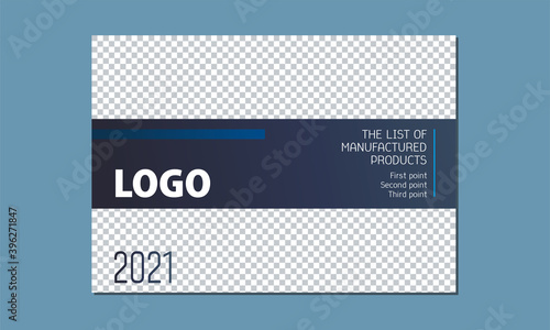 Template for design, vector illustration, for customer photo. Business calendar 2026 cover, price, catalog. Colors: blue, white, gray, black 06.
