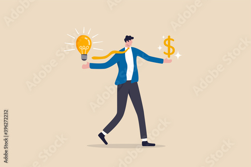 Business idea to make money, innovation and creativity to make profit investment or financial planning concept, smart businessman with lightbulb idea in his hand and money dollar sign on other hand.