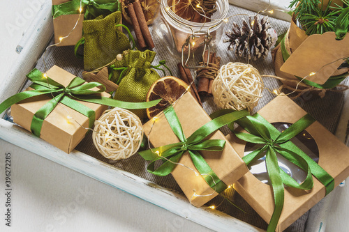 Wallpaper Mural Christmas zero waste eco Care package,furoshiki gifts environmentally friendly gift wrapping craft paper fir branches, cozy winter winter evening Christmas Eve,ecological concept eco-friendly xmas Torontodigital.ca