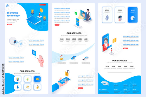 Biometric technology isometric landing page. Biometrics identification corporate website design template. Web banner template with header, middle content, footer. Isometry vector illustration.