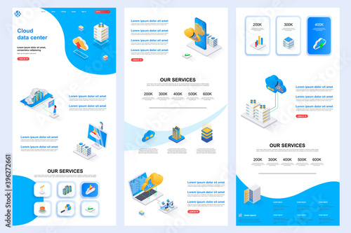 Cloud data center isometric landing page. Database storage, online computing resources corporate website design template. Web banner with header, middle content, footer. Isometry vector illustration.