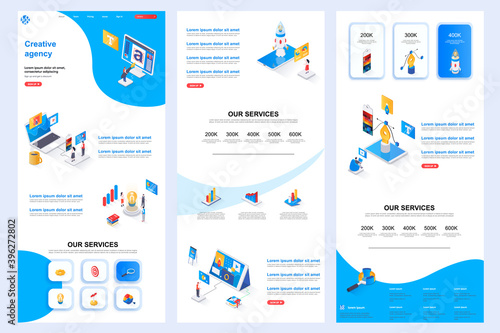 Creative agency isometric landing page. Idea generation, design and creativity corporate website design template. Web banner template with header, middle content, footer. Isometry vector illustration.