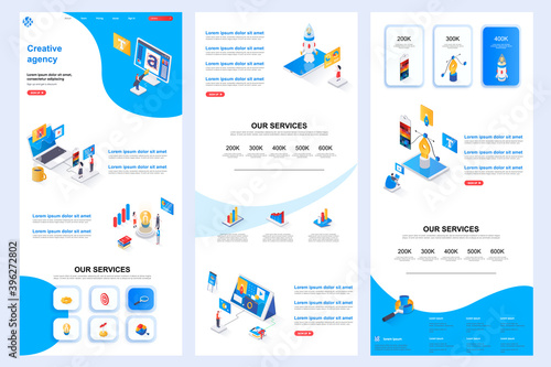 Creative agency isometric landing page. Idea generation, design and creativity corporate website design template. Web banner template with header, middle content, footer. Isometry vector illustration.