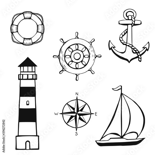 Hand drawn sailing symbols. Nautical theme. Concept elements. Vector illustration in hand drawn style
