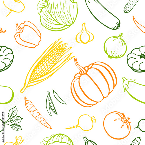 Seamless pattern hand drawn vegetables collection, isolated elements. Vector illustration.