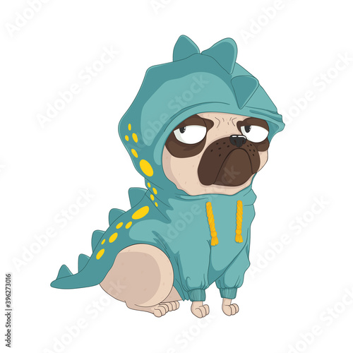 Cute pug dog wearing funny dinosaurs costume. Vector hand drawn cartoons illustration. Isolated on white background. Best for print, textile and web design.