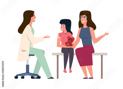 Kids vaccination. Female doctor and little girl with mother in medical clinic, pediatrician consultation about immunity, preventing infections, protection from disease vector concept