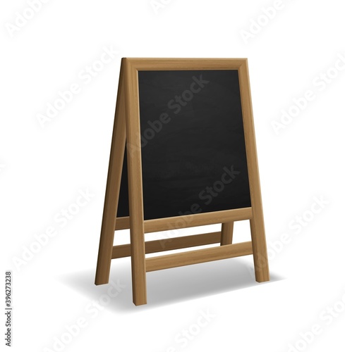 Black wooden food menu board. Realistic restaurant or cafe announcement blackboard, empty outdoor banner for chalk drawing, blank singboard information poster vector 3d illustration