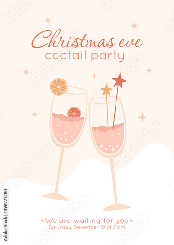 Christmas eve cocktail party invitation concept. Two glasses of champagne with orange and star decor. Soft pastel colors beige and pink. Luxury and elegant design card, poster for restaurant, bar